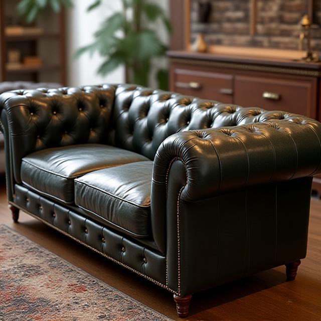 Divano Chesterfield rivitalizzato con pelle nutrita e ricolorata.