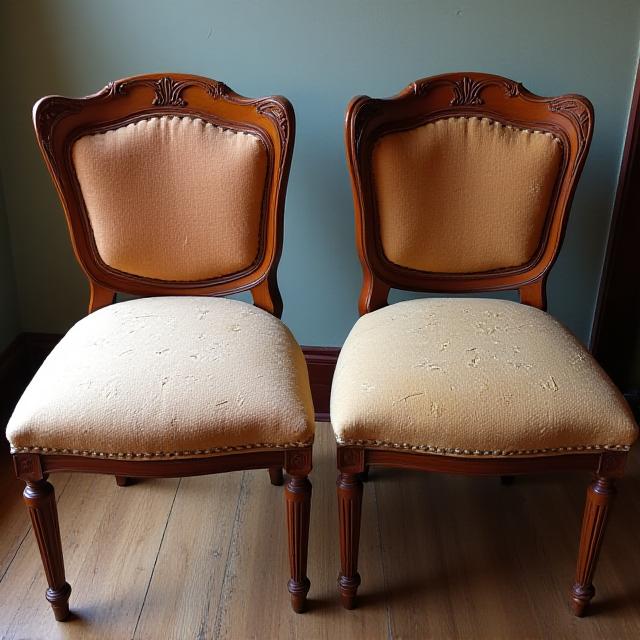 Sedie da pranzo con seduta sfondata e legno opaco.