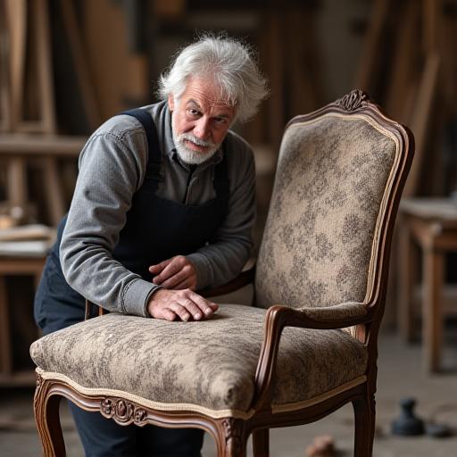 Artigiano che esamina una poltrona antica per un preventivo.